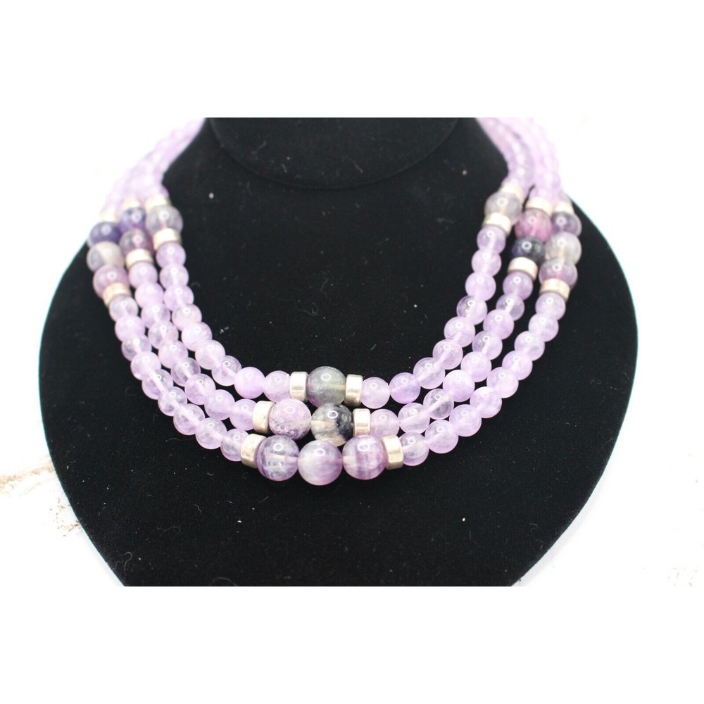 Purple Amethyst Tri-Layered Necklace W/Sterling Accents 21" Long